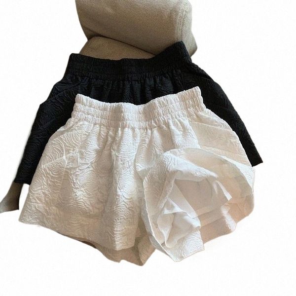 Luciever preto branco jacquard shorts feminino 2022 verão elástico cintura alta bolsos perna larga shorts mulher streetwear meia calças a6b2 #