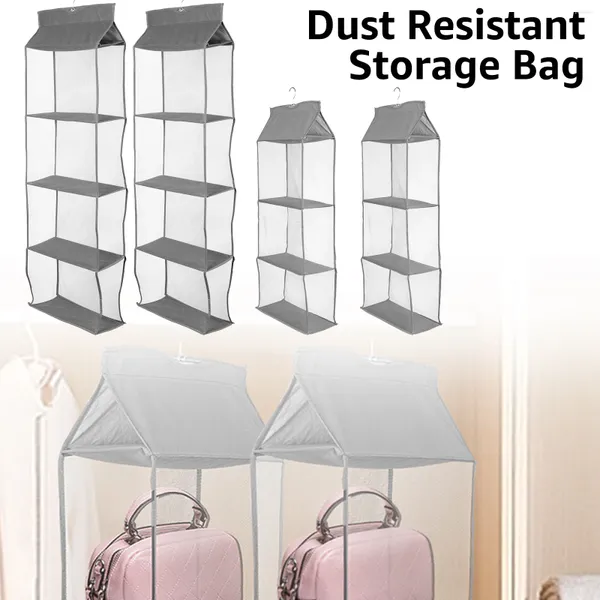 Sacos de armazenamento 2 pacotes pendurado bolsa organizador bolsa para armário visível com 3/4 bolsos prateleira saco gancho de metal