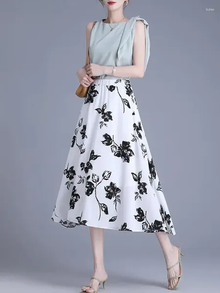 Saias preto floral festival festa longa saia para mulheres 2024 primavera verão coreano doce branco imprimir uma linha cintura alta plissada