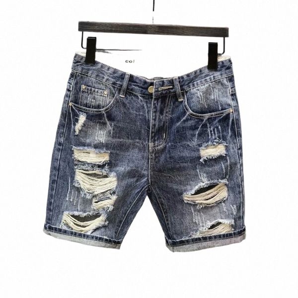 Elegante confortável na moda designer de luxo coreano homens carga jeans retro azul distred rasgado buracos verão casual denim shorts 11y0 #