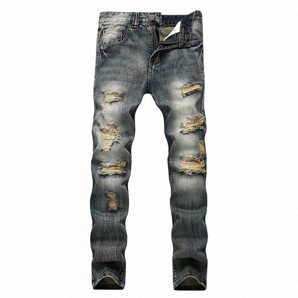 Calças de brim dos homens streetwear rasgado calças jeans buraco arruinado nova famosa marca motociclista alta qualidade em linha reta remendo jeans plus size w6os #