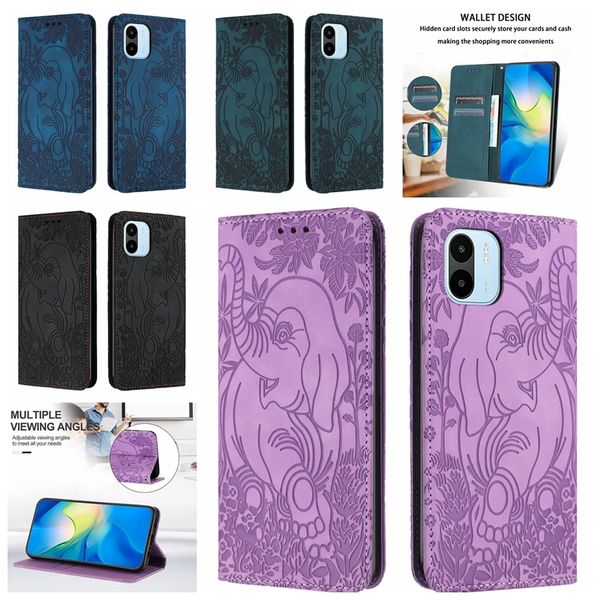 Elefant PU-Leder-Geldbörsenhüllen für Xiaomi Redmi 13C 12 Note 13 Pro 12 A3 12C Google Pixel 9 Pro 8 8A Aufdruck Flower Suck Card Slot Holder Flip Cover Tasche mit Riemen