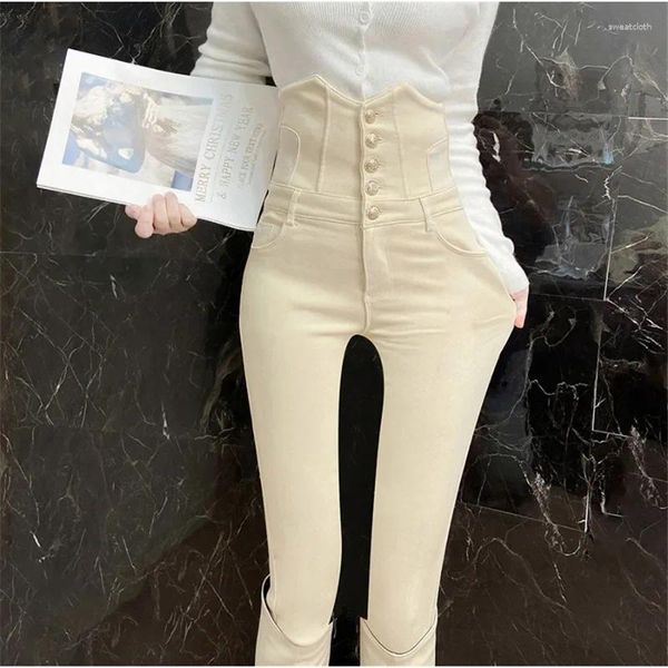 Calças de brim femininas 2024 super cintura alta estiramento magro botão lápis calças jeans design moda bege legging vaqueros mulheres