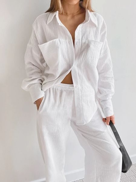 Linad branco pijamas para mulheres algodão manga longa 2 peça define pijamas feminino casual calças ternos sólidos outono pijamas 240326