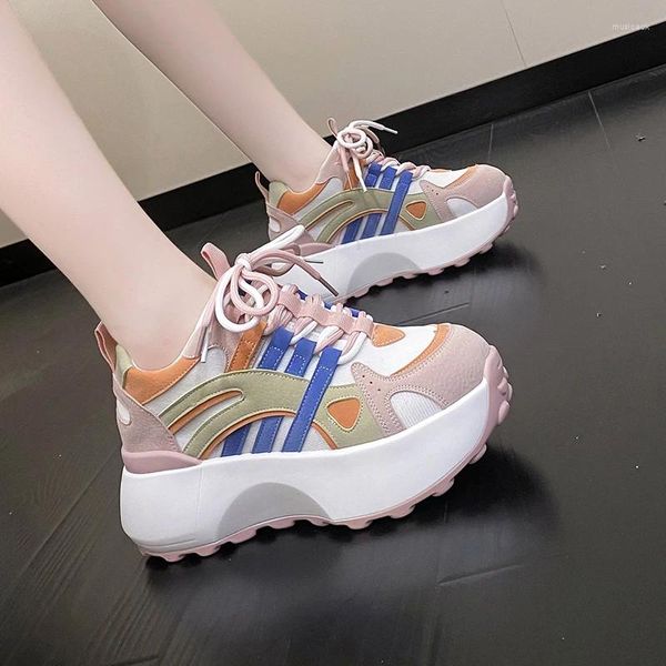 Casual Schuhe 2024 Frauen Lace-up Chunky Turnschuhe Hohe Plattform Keil Sport Dad Atmungsaktive Vulkanisierte 6CM Herbst Leder