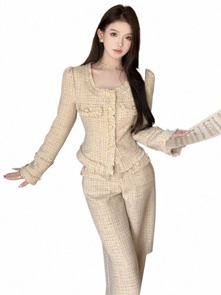 Novo designer de luxo calças de lã ternos dois conjuntos de peças roupas femininas elegante tweed magro lg calças casaco curto topos senhora roupas 17Ph #