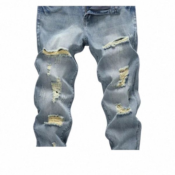 Herren Straight N-Stretch Cott Casual Fi Denim Pants Ripped Frayed Bleach W Jeans X0tL#