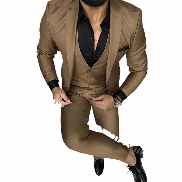 Terno formal masculino marrom 3 peças Busin Office Blazer Slim Fit Blazer para homens casamento smoking noivo b7MG #