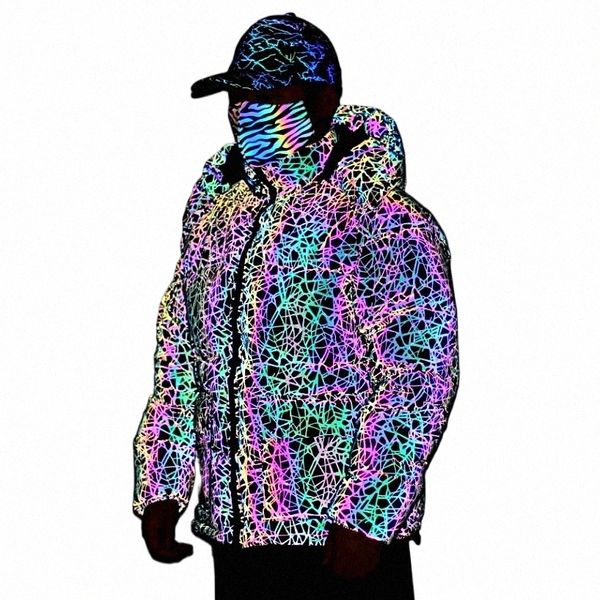 inverno arcobaleno colore riflettente giacca da uomo foglia d'acero riflettente caldo cappotto con cappuccio Plus Size Chaquetas Hombre R4YW #