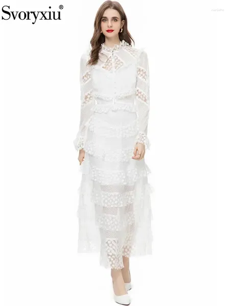İş elbiseleri svoryxiu moda tasarımcısı sonbahar beyaz net iplik yarım etek takım elbise kadın flounces yaka kol üstleri a-line uzun
