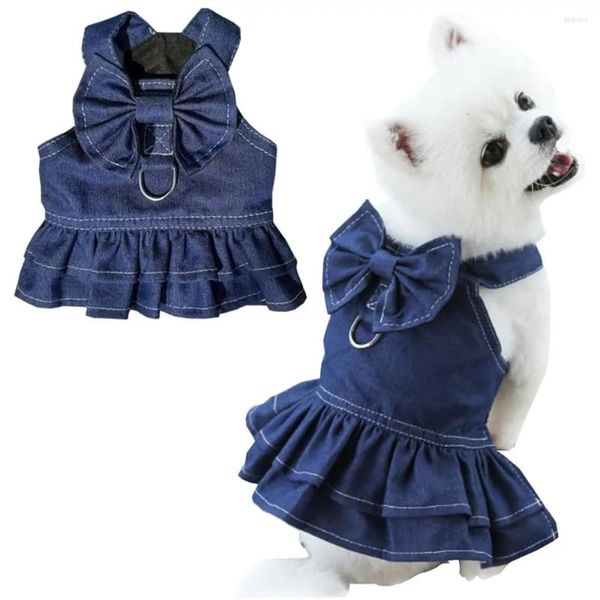 Cão vestuário denim vestidos para cães pequenos verão filhote de cachorro menina roupas com trela anel bonito arco nó gato doggy andando arnês saia