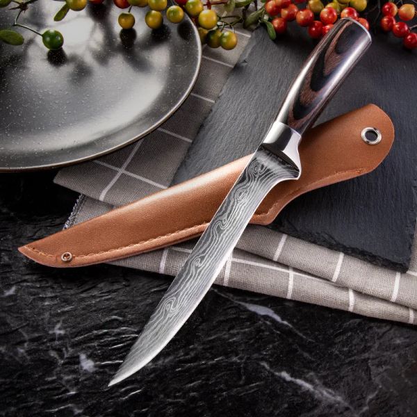 Cuscino Coltello da cucina Coltello per disosso Coltello da macellaio con motivo laser Damasco Coltello da macellaio per ossa in acciaio inossidabile Carne Frutta Verdura Pesce Coltello da chef