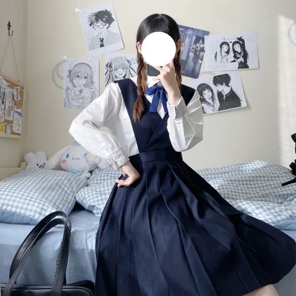 Menina japonesa longo plissado dres sem mangas pinafore vestido jk uniforme escolar classe estudantes cosplay anime 240325