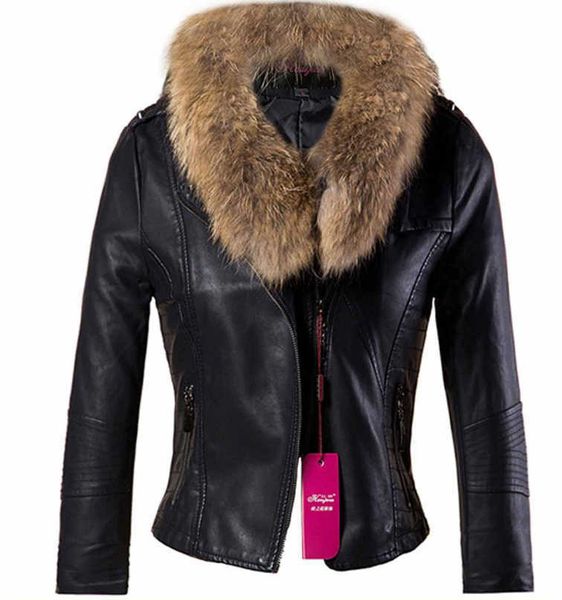 atacado de alta qualidade simples inverno moda feminina jaqueta de couro PU com gola de pele