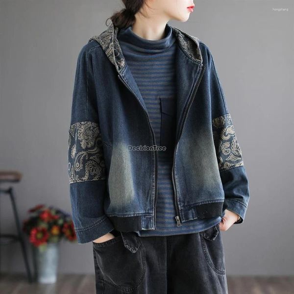 Ethnische Kleidung 2024 Frühling Chinesische Retro Patchwork Design Mit Kapuze Denim Jacke Frauen Kurze Lose Casual Stil Täglichen Tang-anzug Bluse W229