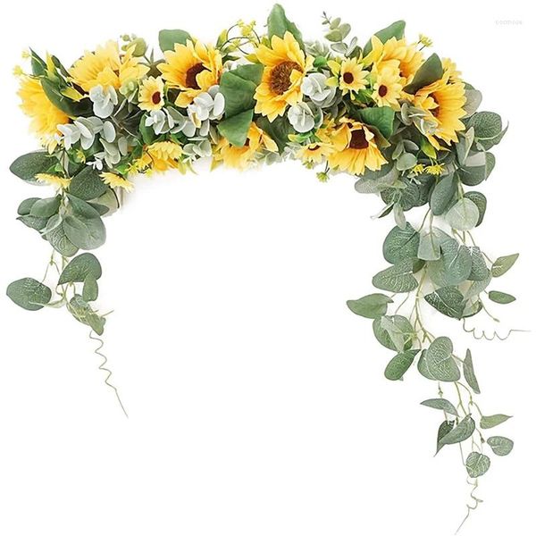 Flores decorativas at35 vegetação swag primavera floral com girassol e folhas verdes para porta da frente janela parede arco decoração de casamento