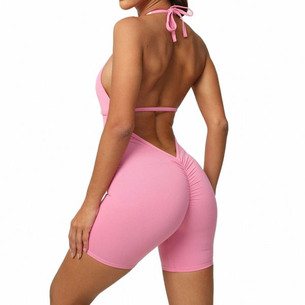 sexy Backl Stretto Scrunch Fitn Tuta Turn Butt Playsuit Donna Pagliaccetto Estate Rosa Yoga Jogging Sport Tuta corta Rosso r4us #