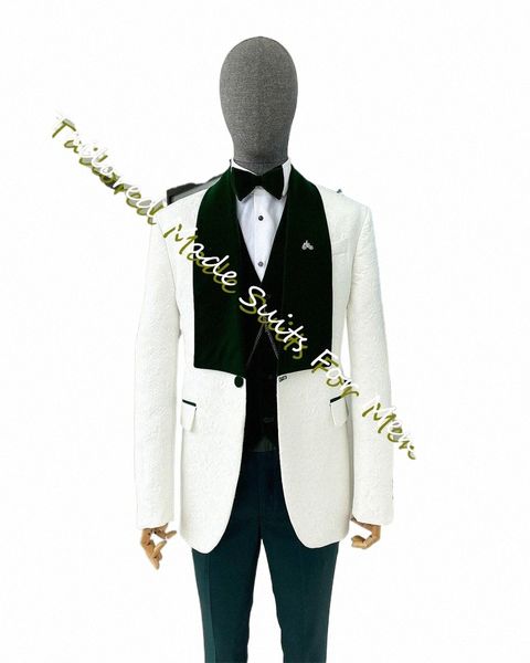 Abito da uomo bianco jacquard verde scuro Veet monopetto maschile blazer set slim aderente 3 pezzi sposo lusso elegante matrimonio Dr f7hp #