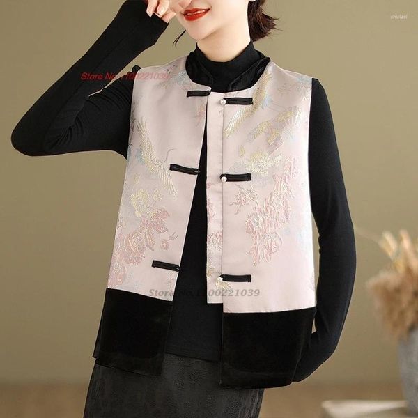 Etnik Giyim 2024 Çin Vintage saten jakard yelek kadın hanfu üstleri yelek mandalina yakalı patchwork kolsuz ceket