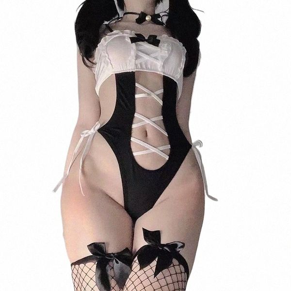 Bonito Soft Girl Sexy Lingerie Maid Cosplay Lolita Outfit Kawaii Cat Trajes Oco Japonês Maiô One Piece Bandage Bodysuit D1Yv #