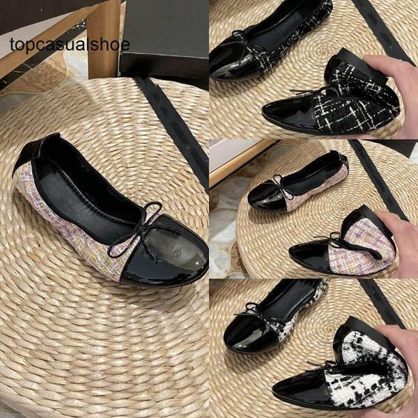 Kanales cf Dehnungsqualität Top Flats Bow Ballet Tweed Wechseln Sie Sandalendesigner Lady Shoes Patent Leder Black Cap Toe Slas -Sneakers 2023