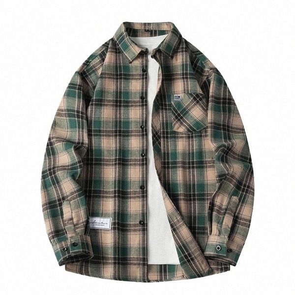 Camicia da uomo in flanella scozzese manica Lg verde allentato camicia casual da uomo primavera autunno oversize Busin maschio morbido Dr camicia f65t #