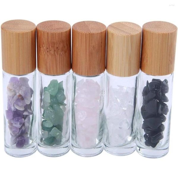 Lagerflaschen 5PCS 10ML Edelstein Roller Nachfüllbare Rolle auf mit Bambusdeckeln Heilkristall für Parfüme Öle