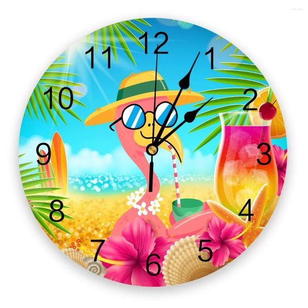 Orologi da parete Fenicottero Foglie tropicali Spiaggia Silenzioso Home Cafe Arredamento per ufficio per arte della cucina Grande 25 cm