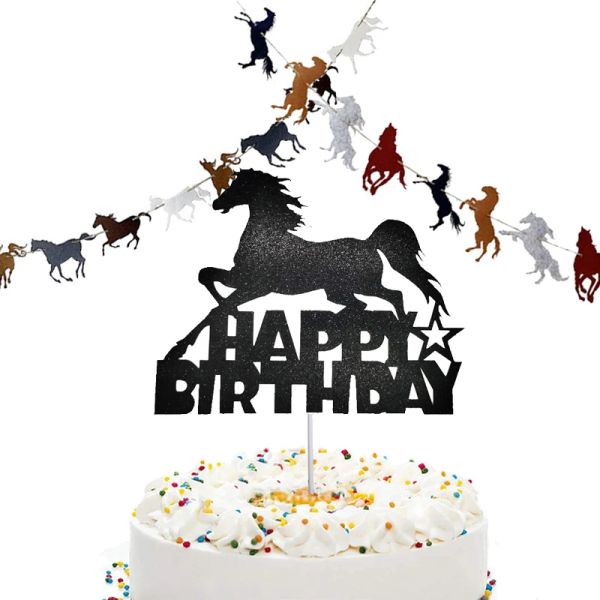 Alben glitzernder Pferderennen-Kuchenaufsatz „Alles Gute zum Geburtstag“ für Pferderennen-Motto-Geburtstagskuchendekoration, Cowboy-Cowgirl-Geburtstagsparty-Zubehör