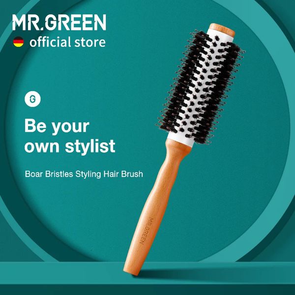 MR.GREEN Haarbürste mit Wildschweinborsten, runde Styling-Lockenrolle, Haarbürste, Entwirrungskamm aus Naturholz für lange Locken oder jeden Typ 240322