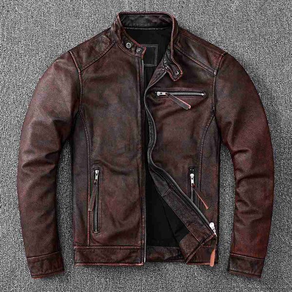 Casaco Masculino De Couro Falso Vintage Marrom Clássico Estilo Motociclista Curto Slim Jaqueta De Couro Genuíno