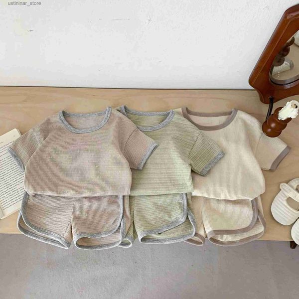 T-shirts 2023 Sommer Neue Baby Kurzarm Kleidung Set Infant Baumwolle Waffel Tops + Shorts 2 stücke Anzug Kinder Sportswear outfits24328