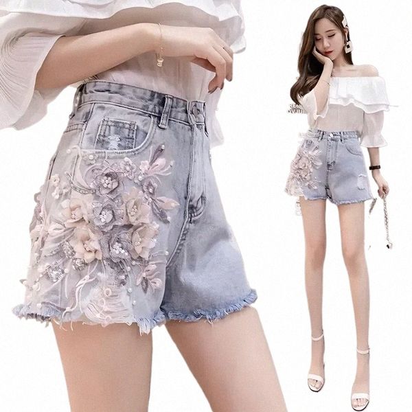 Novo 3D Floral Lace Verão Denim Shorts Mulheres Streetwear Cintura Alta Slim Fit Y2K Luxo Rasgado África Coreano Fi a99Q #