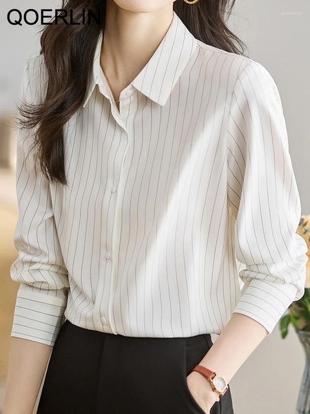 Damenblusen QOERLIN 2024 Herbst Gestreifte Tops Weiße Hemden Büro Damen Umlegekragen Langarm Button-Up-Bluse Elegant Koreanisch