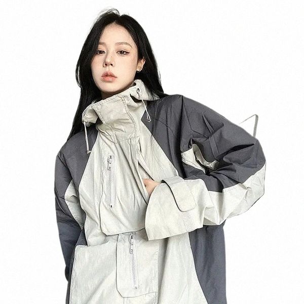 Y2K Street Apparel retrò Outdoor Jacket da donna caldo impermeabile grande autunno con cappuccio multifunzionale tasca cappotto coreano Fi X9KY #