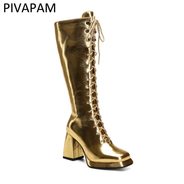 Stivali stivali in pelle verniciata in pelle lucida in argento oro stivali con tacchi alti allacciati scarpe da pista di grandi dimensioni ginocchiere