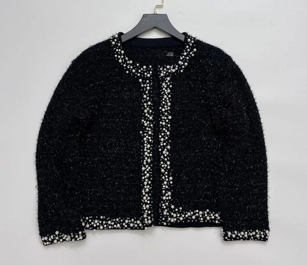 Mulheres Knits Design Mulheres Moda Preto Handmade Beading Manga Longa Cardigan Casaco Elegante Lady All Match O-Neck Jacket Sweater Shawl Top