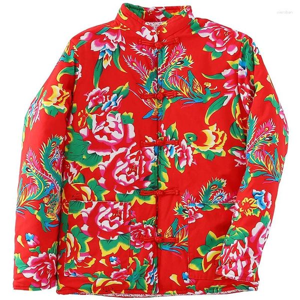 Abbigliamento etnico Cina nord-est Giacca con stampa fiore rosso Tang Giacca Autunno Inverno Cappotto ispessito imbottito in cotone Abiti da ballo Yangge