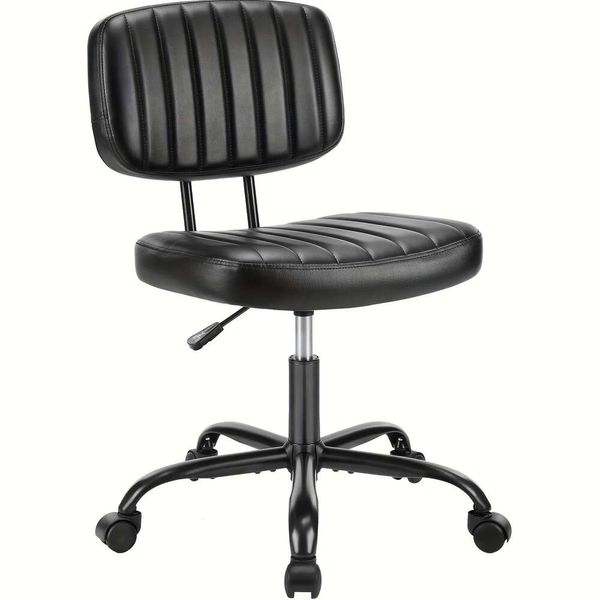 Mesa de escritório pequena sem braços, 1 peça, com rodas e suporte lombar lombar, confortável e fofa, cadeira de trabalho giratória em couro pu, sem braço