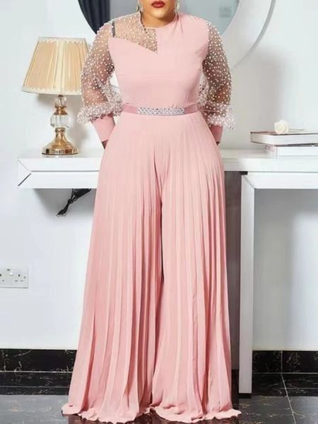 5xl Fall Outfits Frauen Pink Fashion Plus Size Jumpsuit Slim Plissee Long Sleeve Rompers Elegante Kleider 240328