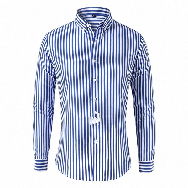 FI Heißer Verkauf Herren Lg Ärmel Hemden Teenager Slim Top Männliche Kleidung Busin Hemden Lässige Plaid Streifen Revers Kragen Hemden 85Jg #