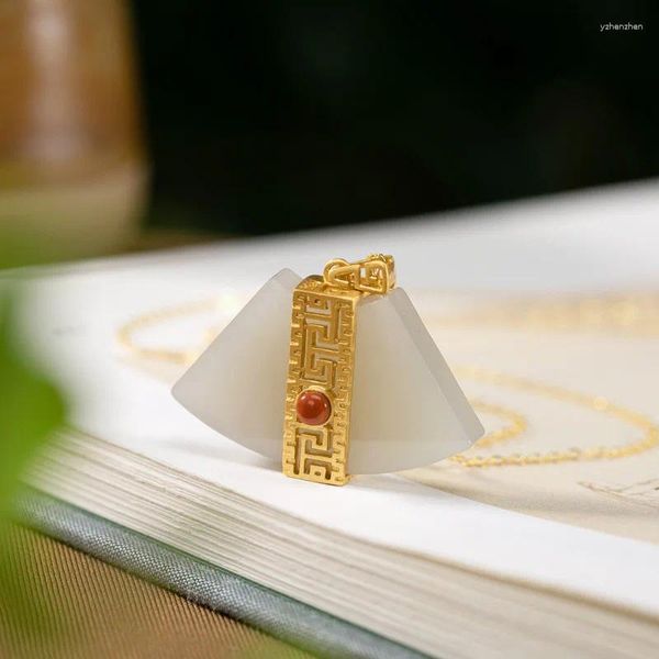 Ожерелья с подвесками, стерлинговое серебро 925 пробы, позолоченное хэтяньское нефритовое белое индивидуальное женское ожерелье в форме веера, орнамент