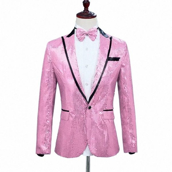 Pembe Sequin One Butt Dr Blazers Yepyeni Gece Kulübü Erkek Erkekler Ceket Düğün Sahne Şarkıcı Kostüm Bowtie L4ZE#