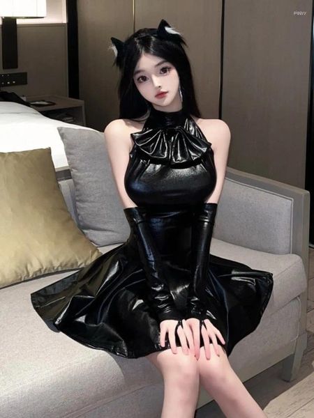 Casual Kleider WOMENGAGA Sexy Würzige Mädchen Ärmel Bogen Rolle Spielen Pu Leder Kleid Elegante Mode Koreanische Frauen 2024 WZ51