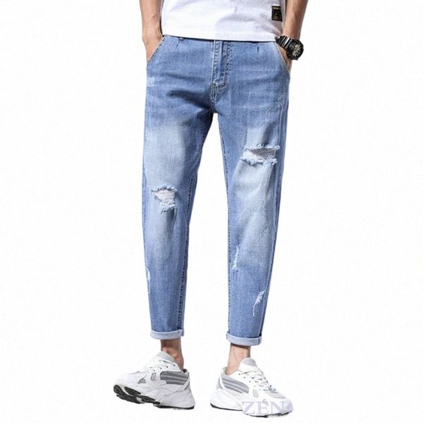 verão jeans oversized masculino tamanho grande tornozelo-comprimento buracos homens tamanho grande calças masculinas rasgadas jeans 44 46 namorado jeans r0Xj #