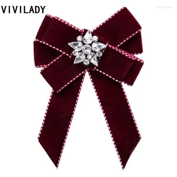 Spille VIVILADY Moda Fatta A Mano In Velluto Bowknot Spilla Dichiarazione Di Cristallo Seno Spille Donne Cravatta Cravatta Bijoux Gioielli Regali Del Partito