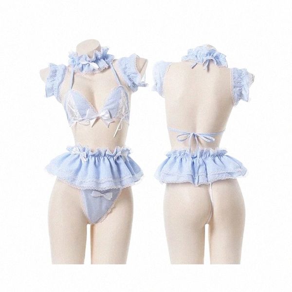 Sexy Lovely Cosplay Anime Costumes Kawaii Blue Maid Outfit Bikini para Senhoras Sailor Student School CamisolesSkirt Lingerie Set E8vr #