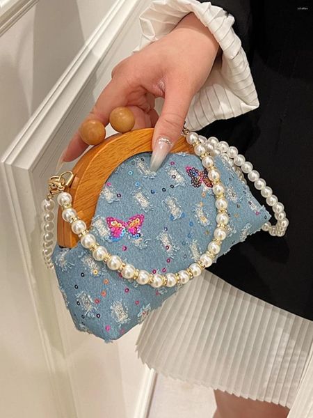 Omuz Çantaları Moda Kadın Denim Çantası 2024 İlkbahar Yaz Sizli Yıpranmış İnciler Crossbody Niche Niche Ladies Hasp Handbags