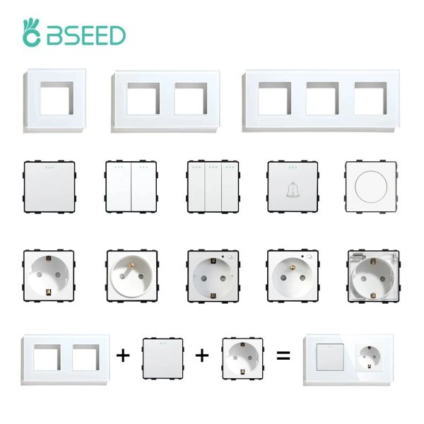 Caixas bseed interruptores de luz mecânicos, soquetes de parede, painel de vidro cristal, tomada inteligente, padrão ue/reino unido/fr, peças de função diy apenas