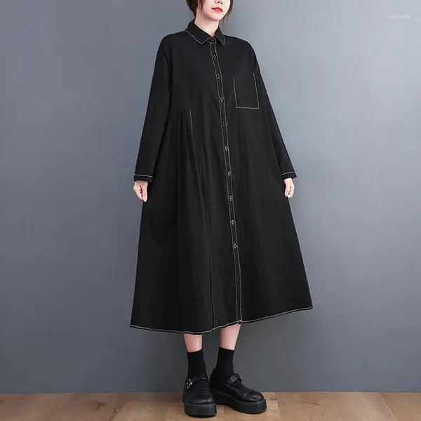 Vestidos casuais 2024 estilo coreano japonês escuro preto chique outono blusa vestido escritório senhora trabalho moda mulheres primavera midi